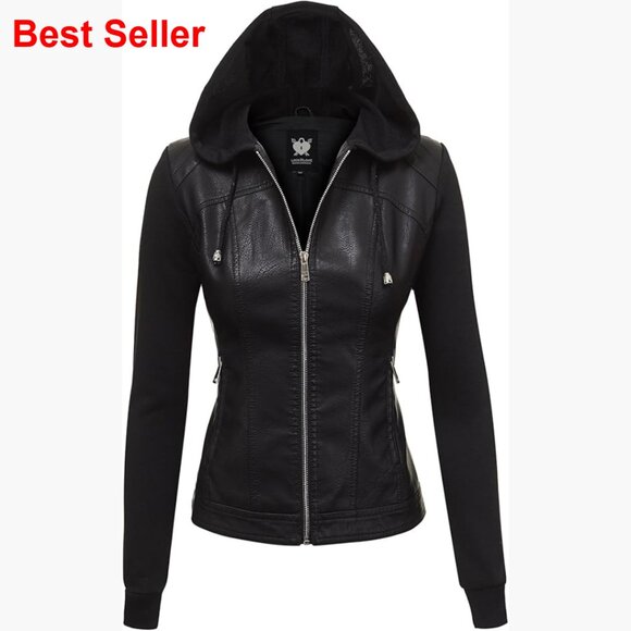 Faux Leather Moto Biker Jacket with Removable Hood